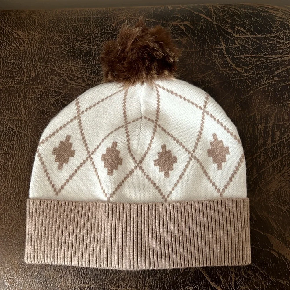 ❤️HOST PICK❤️Rachel Zoe Tan & White Pompom Hat-Like New